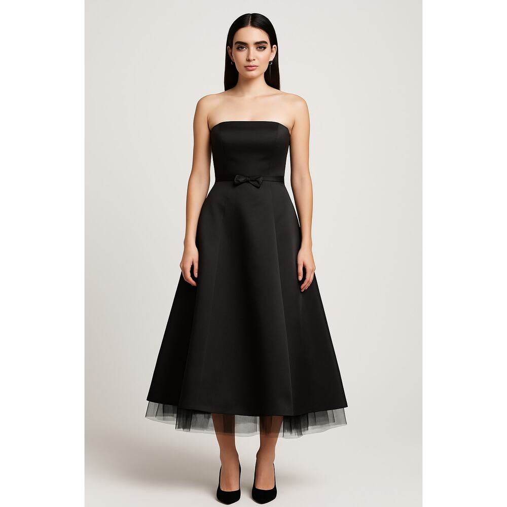 Y2K Jessica McClintock Women’s‎ Black Satin Strapless Midi Dress Bow Size 8